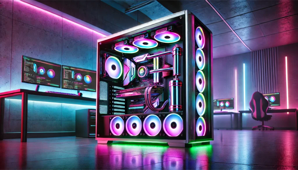 DALL·E 2024 09 25 10.42.37 A futuristic and high tech gaming PC setup featuring glowing RGB lighting, sleek tempered glass panels, and advanced components like a high end GPU, c