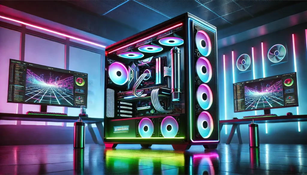 DALL·E 2024 09 25 10.48.12 A high tech and aesthetically designed custom built gaming PC featuring RGB lighting, tempered glass, and advanced cooling systems. The PC is placed i