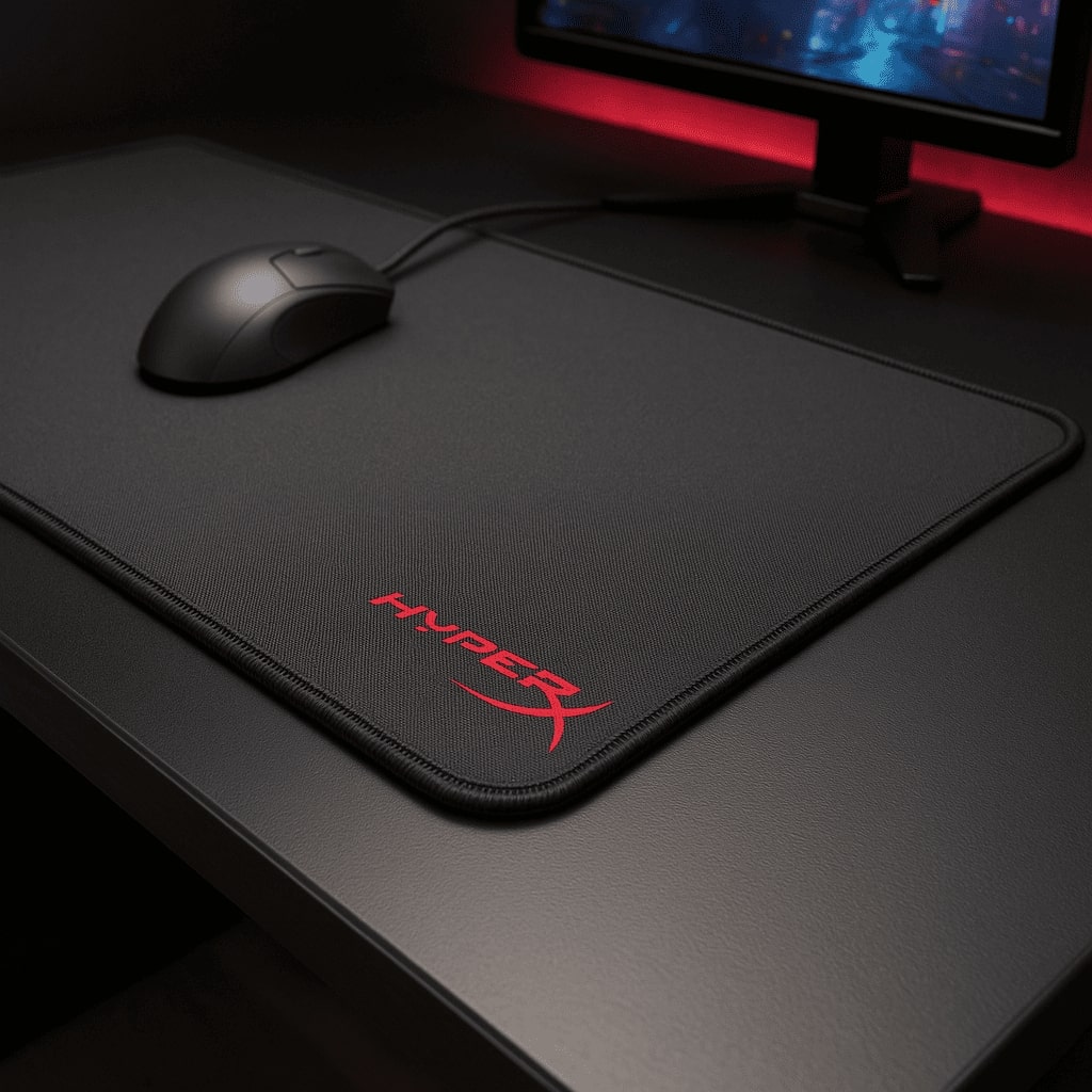 HyperX Fury S Pro X- resting on a gaming desk with a gaming mouse Angle it to show the stitched edges and logo. 